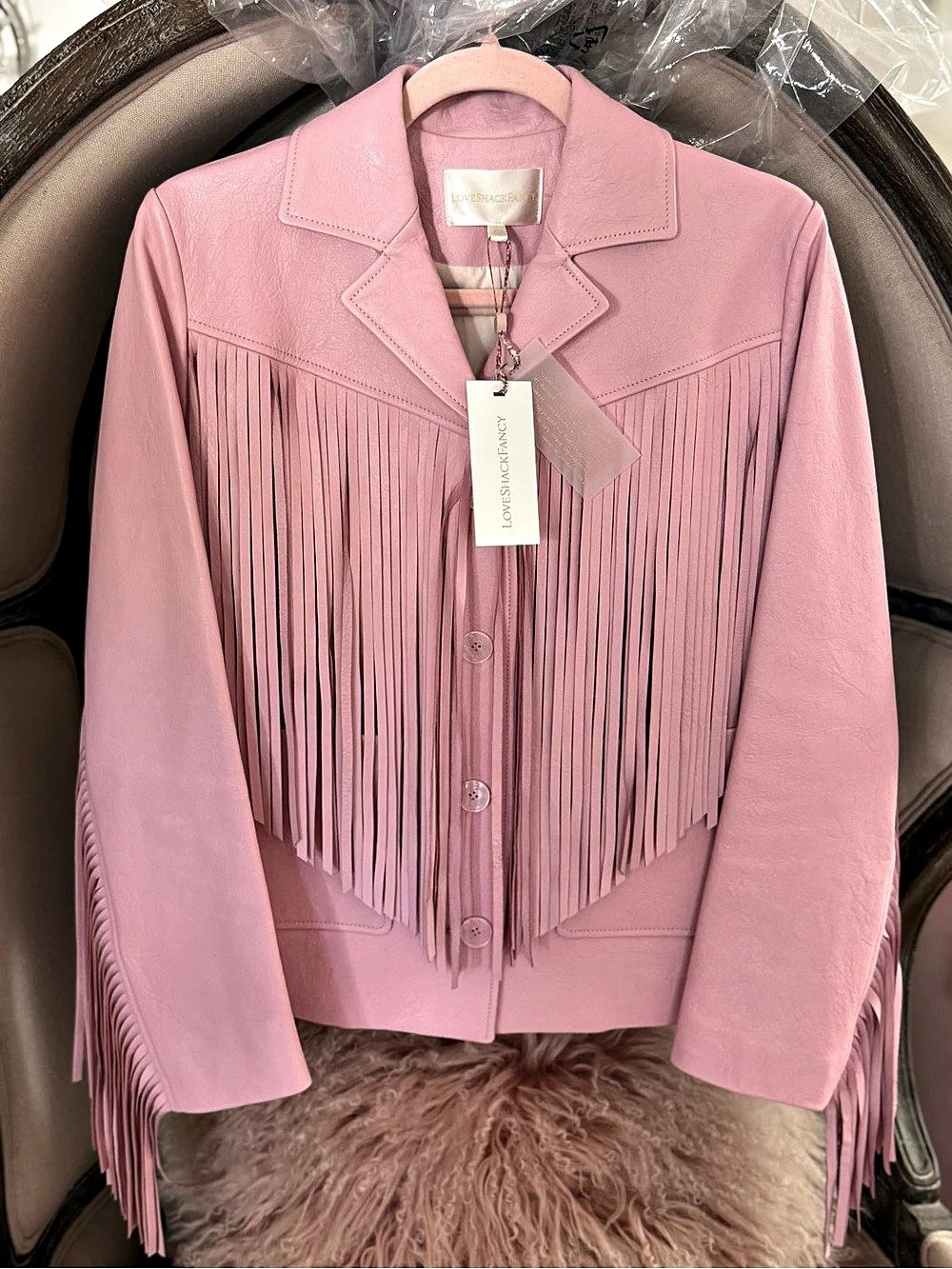 LoveShackFancy Geraline Jacket Fringe Leather Jacket Pink XXS P NWT
